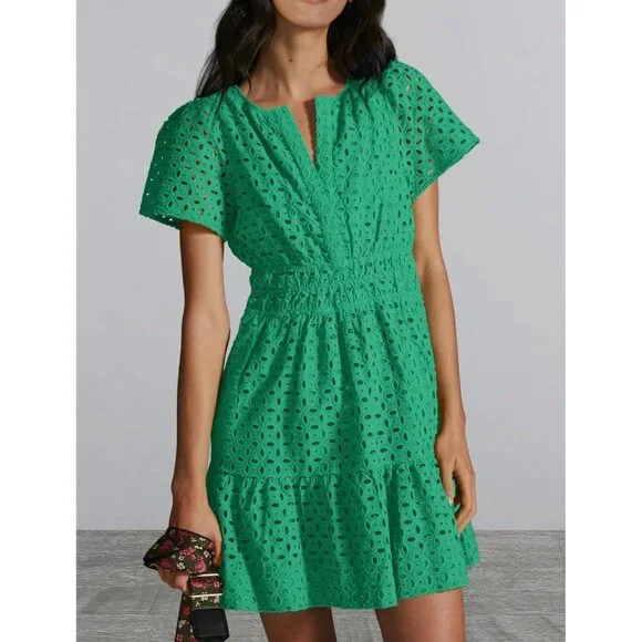 Women's Short Sleeve A Line Dress V Neck Casual Summer Flowy Fit & Flare - Picture 5 of 6